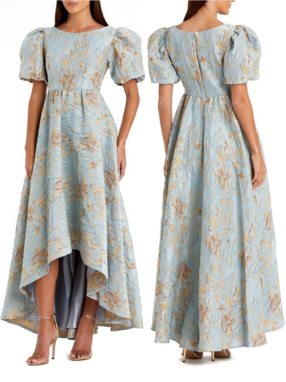 Mac Duggal Light Blue and Gold Puff-Sleeve High-Low Jacquard Gown #11608 Sz: 6